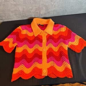 Mango Retro Crochet Wave Knit Cardigan Colorful Button Front Large